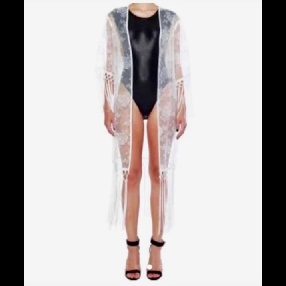 Ivory Floral Embroidered fringe kimono